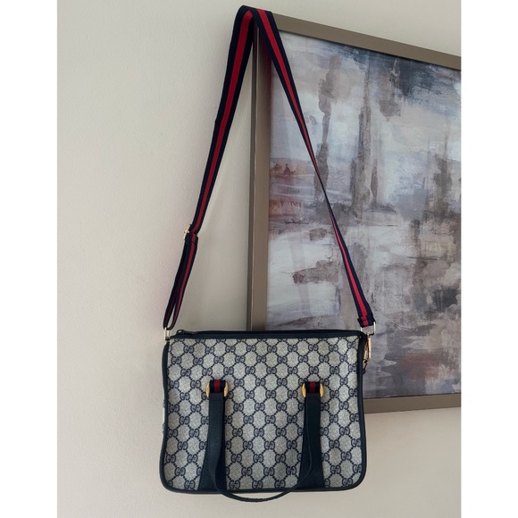 Authentic Vintage Gucci Monogram Canvas Black Leather Crossbody Bag - Picture 12 of 16